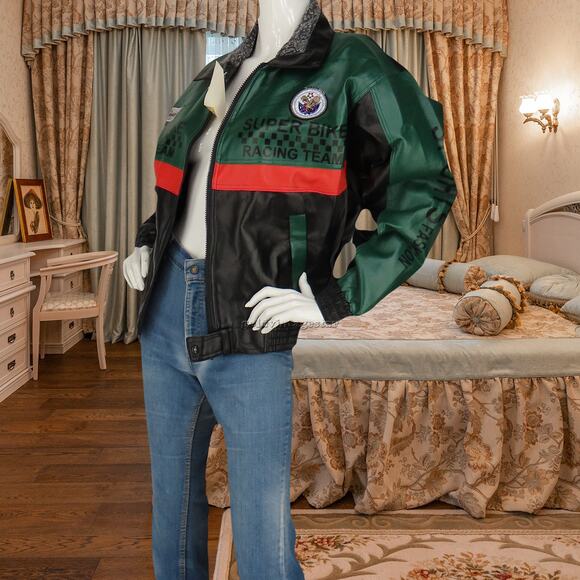 Vintage Faux Leather Racing Team Bomber Jacket XL - Picture 11 of 13